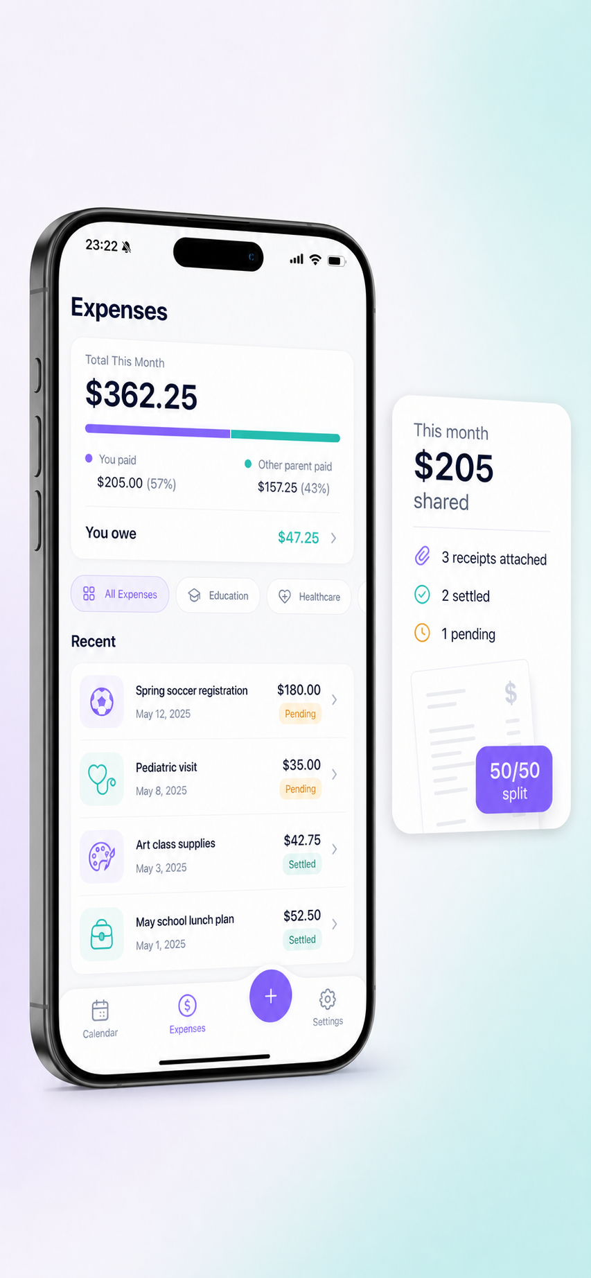 Shared expenses screen in Hando app