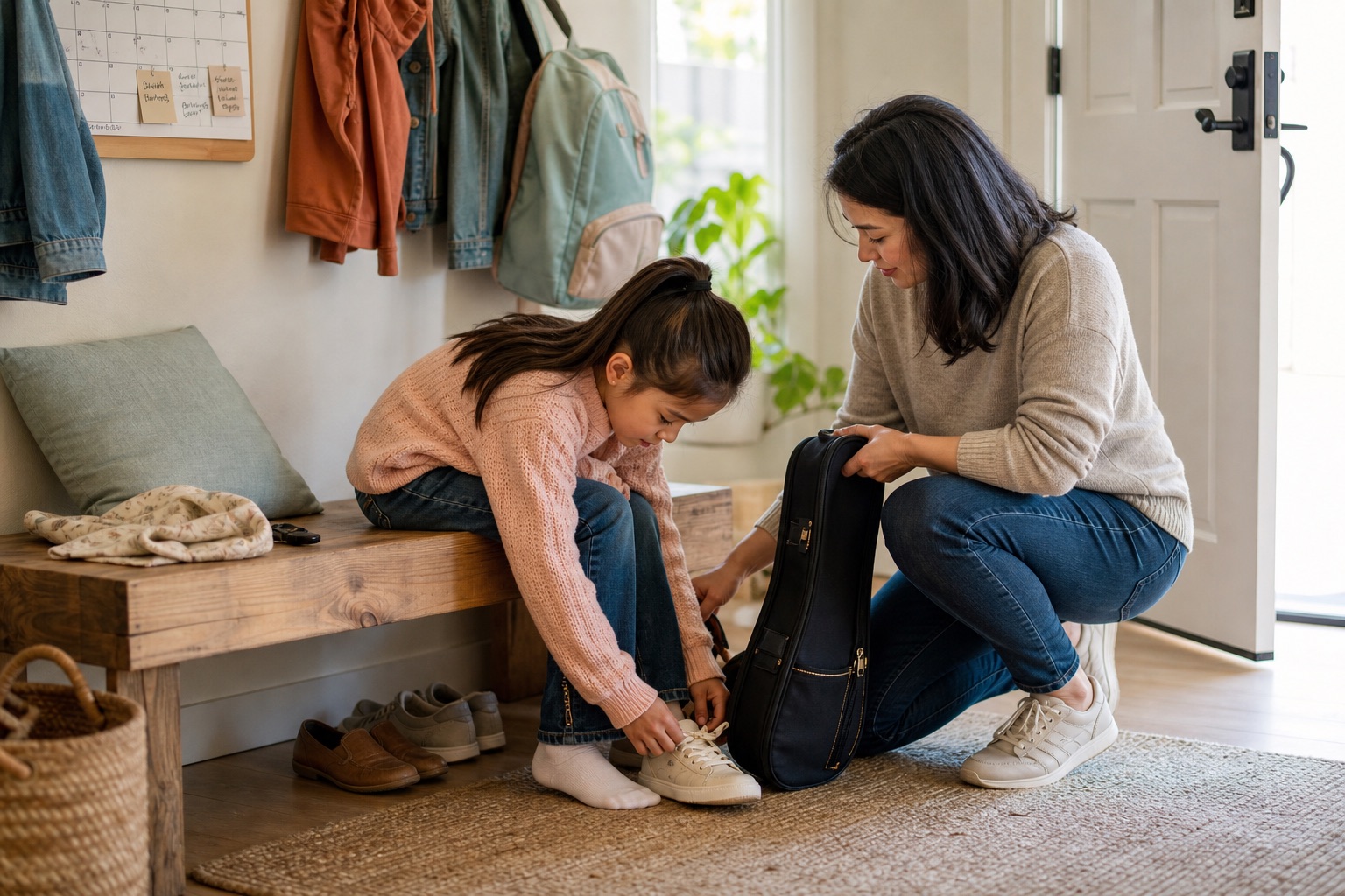 Parent helping their child get ready at the entryway before a handoff